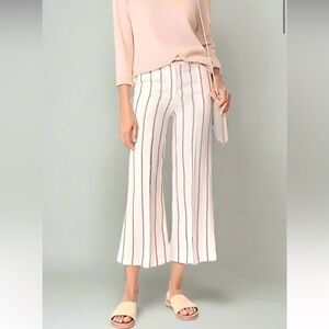 Theory Nadeema Wide Leg Striped Crop Linen Pants in Cream/Maroon Stripe - 8
